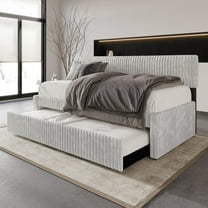 Castle Place Plush Corduroy Velvet Upholstered Twin Daybed with Trundle, Light Grey