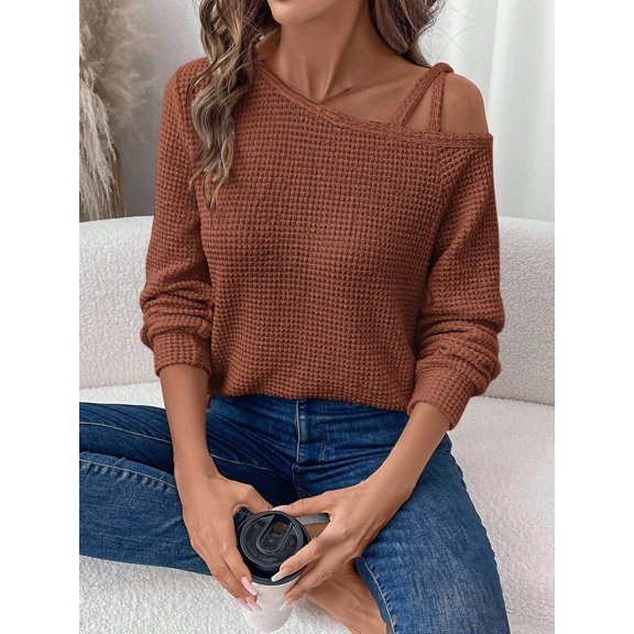 Women's  Knit Sweater Asymmetrical Neck One Shoulder Strap Long Sleeve Loose Fit Pullover Top