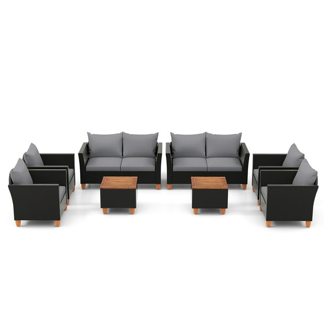 Gymax Ensemble de Mobilier de Patio en Osier 8 Pcs avec Coussins Amovibles Table Basse de Rangement Gris