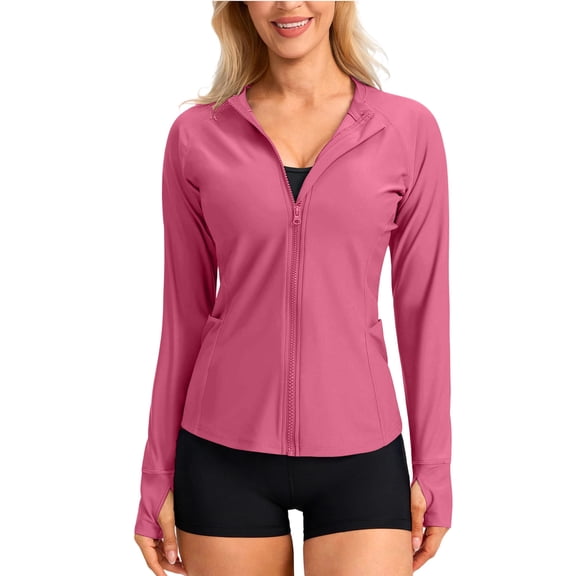 Women's Chic UPF 50 Sun Protection Jacket Regular Fit Solid Color Zip Up Long Sleeve with Thumb Holes & Pockets Quick Dry Breathable Outdoor Top Hot Pink XXL