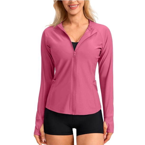 Craaazy Women Casual Full Zip Jacket, Solid Color Long Sleeve Sun Protection Top, Slim Fit with Thumb Holes and Pockets for Daily Wear Gifts