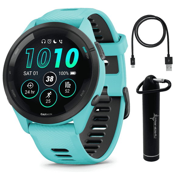 Garmin Forerunner 265 Music GPS Running Smartwatch, Aqua with AMOLED 1.3 in Touchscreen Display with Wearable4U Power Bank Bundle