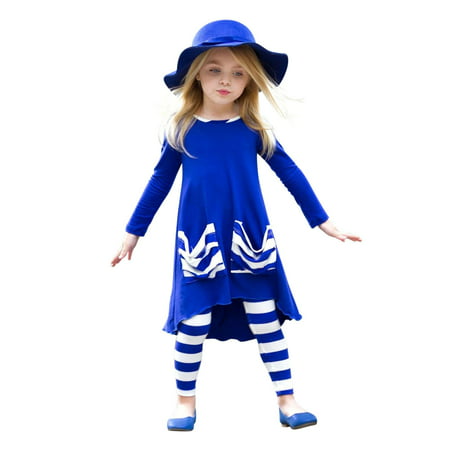 Girls Hi-lo Long Sleeve Tunic with Slouchy Pockets & Matching Leggings Set (4 Color Options), Blue, Size: 2T/3T