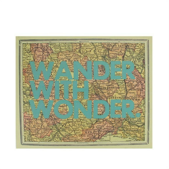 Midwest 12" Citation Inspirante "Wander With Wonder" Coloré Encadré Carte Atlas Suspendu Art Mural