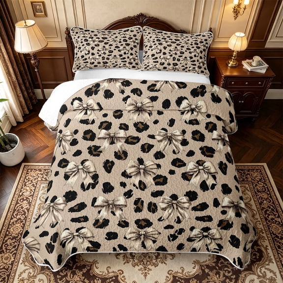 Manfei Cartoon Cute Bow Quilt Full,Brown Leopard Print Full Bedspread Sets,3pcs,1 Coverlet and 2 Pillowcases
