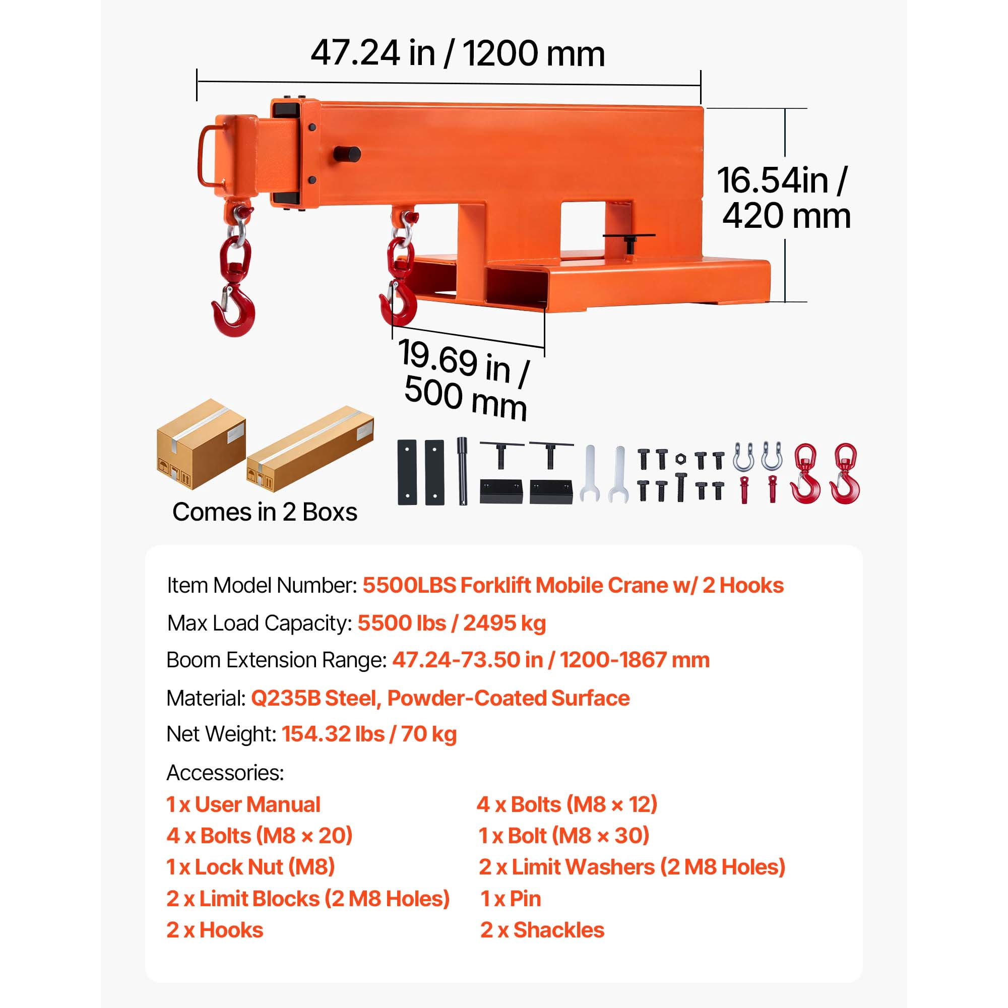 KFFKFF Forklift Jib Boom Crane, 5500 lbs Load Capacity, Mobile Lifting Hoist with Dual Hooks, Adjustable Length 47.2-73.5 in, Attachment for Towing and Handling in Warehouses and Factories