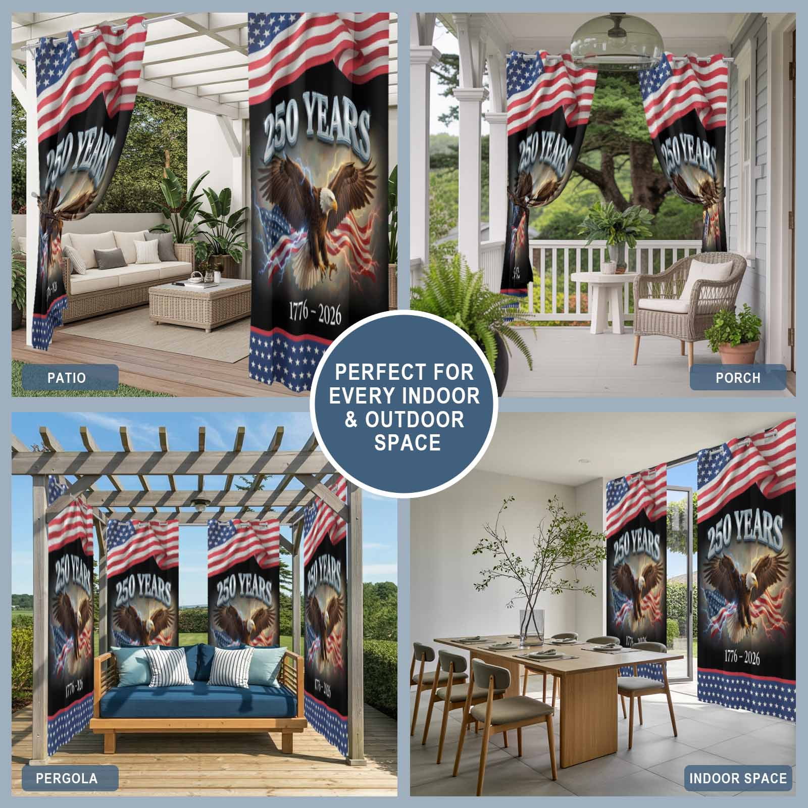 America Years Eagle Outdoor Curtains for Patio, Independence Day Lightning Red Blue Star Flag Sunshade Privacy Drapes Grommet Waterproof Outside Curtains for Porch/Cabana/Balcony 54"x 108", 1 Panel