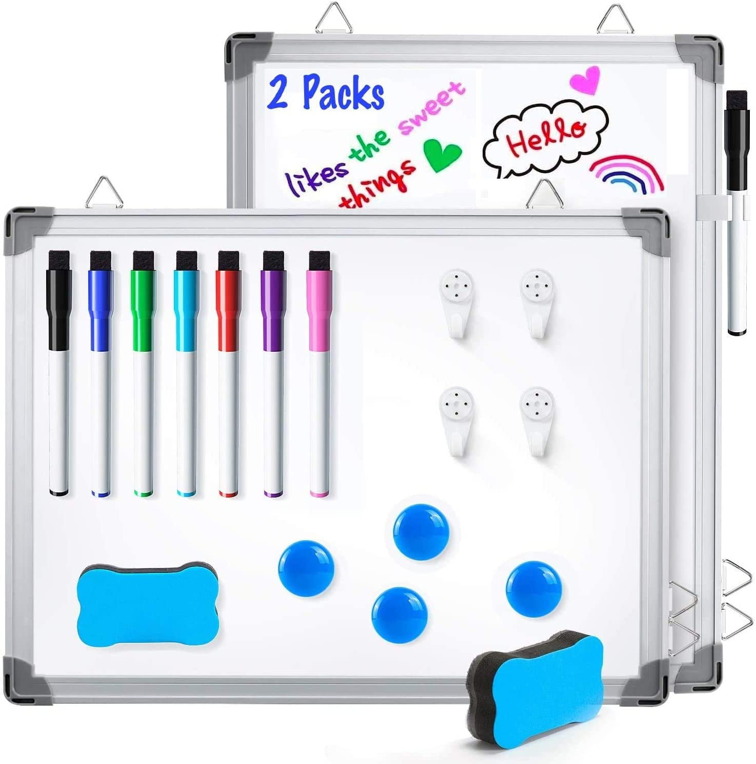 Dry Erase Board for School Glasses 2 Pack 16 x 12 Double Side White Boards BHY Small Dry Erase White Board Magnetic Hanging Whiteboards with 8 Markers Home Office Wall 