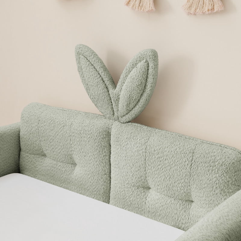 Twin Size Upholstered Platform Bed with Rabbit Ear Headboard, Kids Floor Bed with Storage Pocket & Safety Guardrail, No Box Spring Required