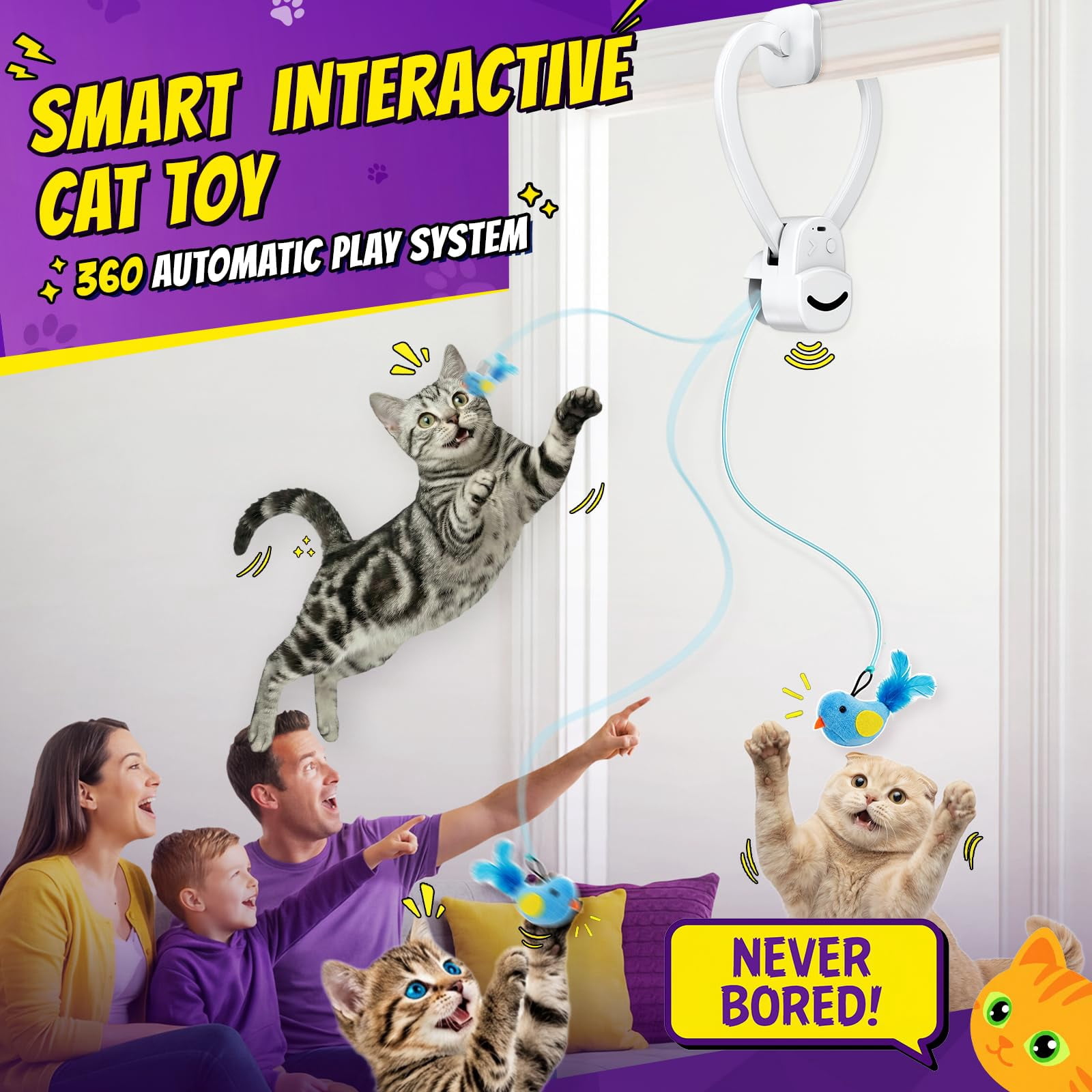 Interactive Cat Toys For Indoor Cats: Automatic Flying Bird Wand Chase Exercise Enrichment  Usb Rechargeable Durable Safe Hanging Bored Kittens Adult Multi Households