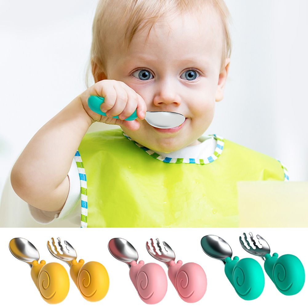 SPRING PARK 2Pcs/Set Baby Spoon Fork Set Silicone Handle Tableware Baby
