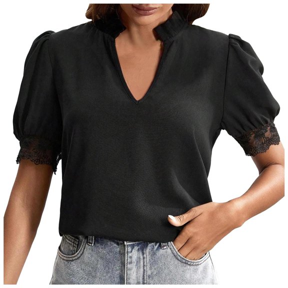 Women's Summer V Neck Lace Patchwork T-Shirt Casual Comfortable Breathable Fashion Top