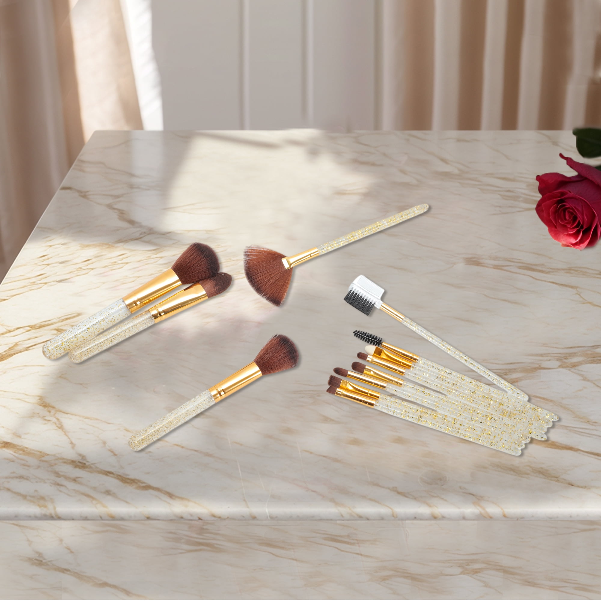 Unique Bargains 12 Pcs Durable Bucket Makeup Brush Set for Bathroom Gold Tone