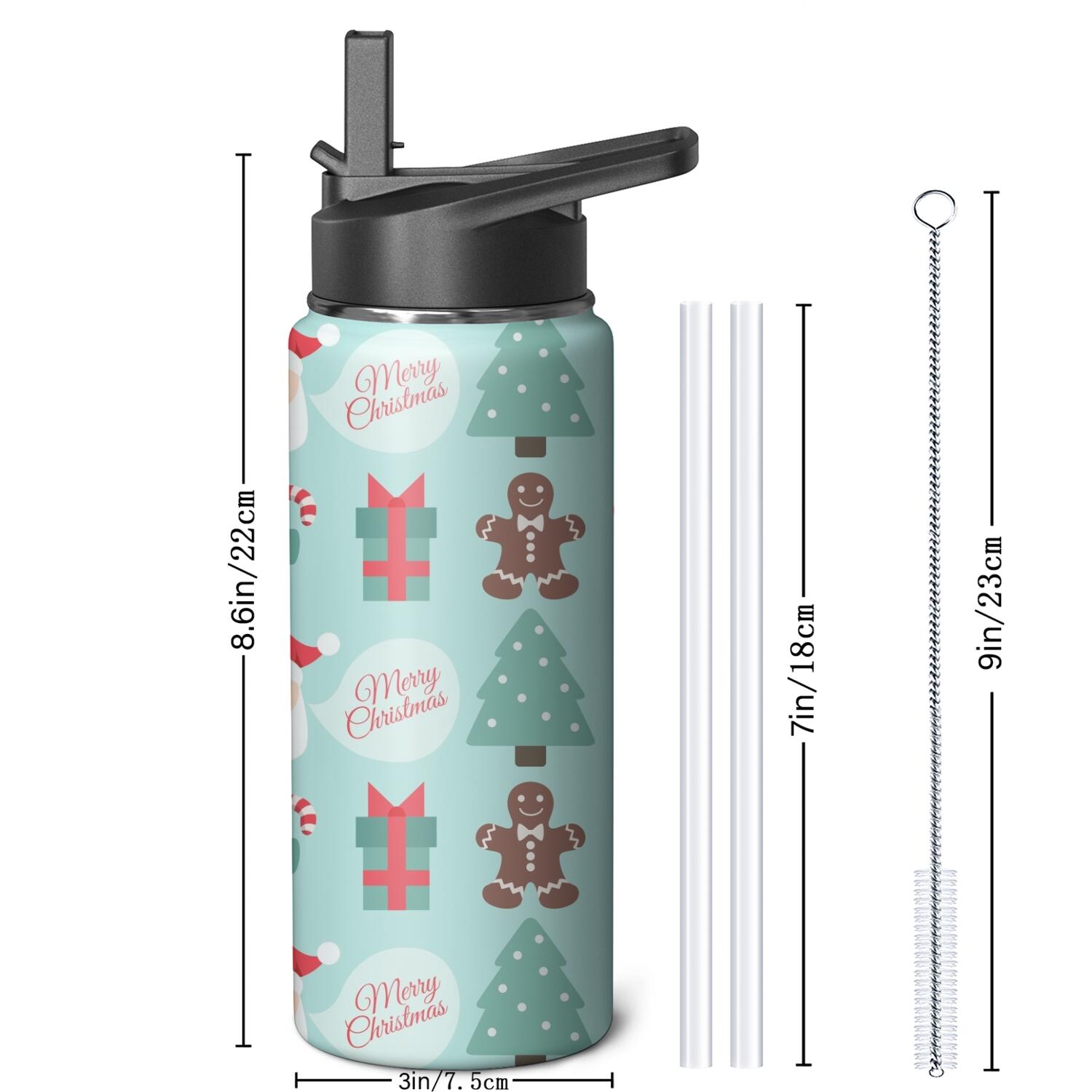 Christmas 18 oz Insulated Stainless Steel Water Bottle with Straw & Cleaning Brush , Leakproof, BPA-Free, 304 Stainless Steel, Wide Mouth, Travel Mug for Car, Gym, Office