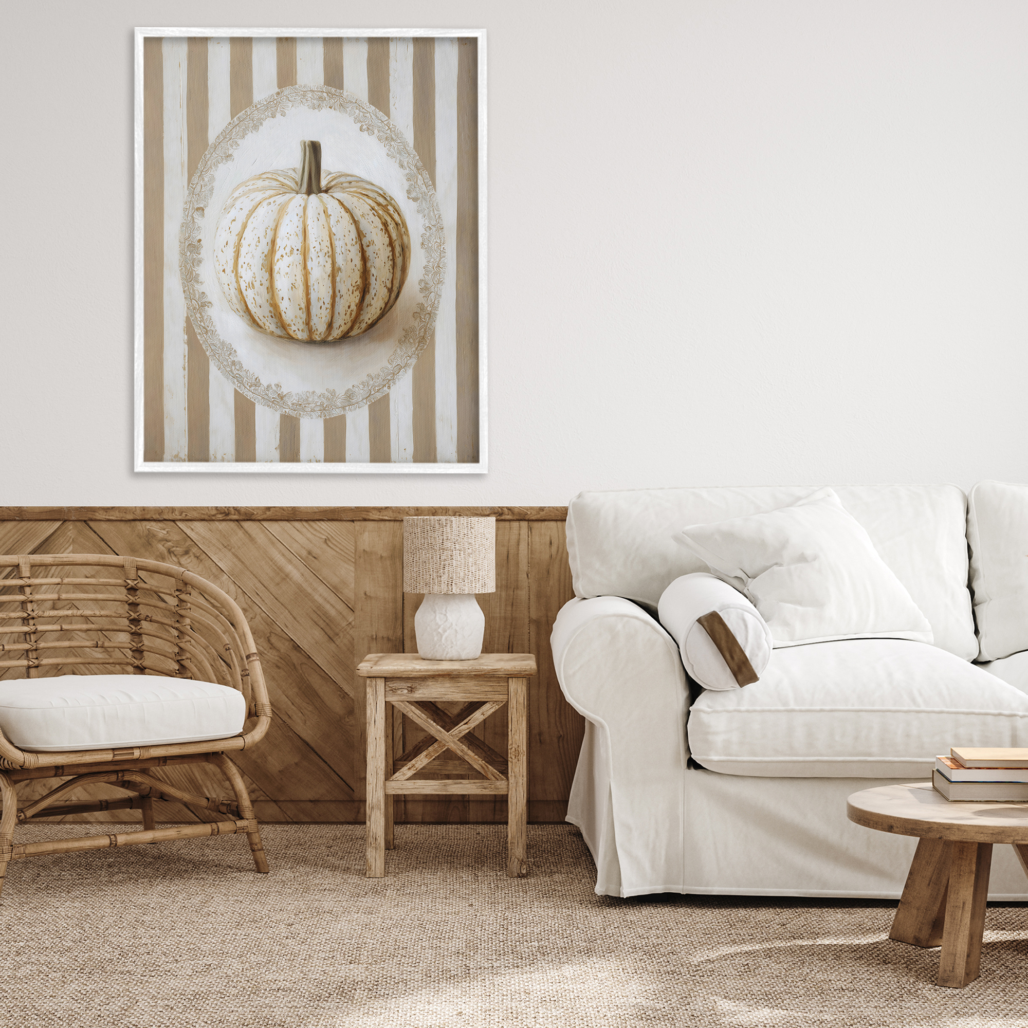 Beige Stripes Pumpkin White Framed Giclee Art, design by Arlington Prints