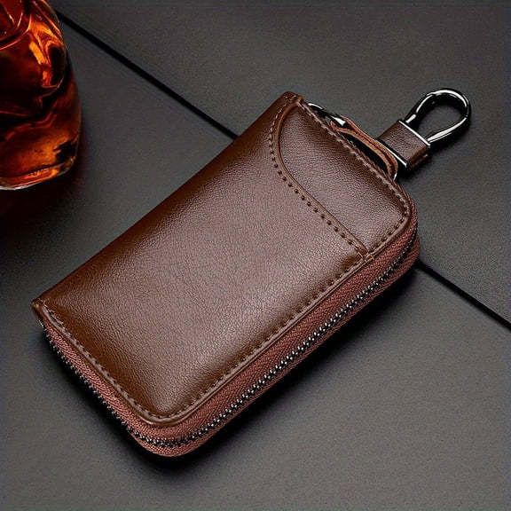 Genuine Leather Car Key Fob Holder Case | Smart Remote Key Protector with Metal Hook Keyring Zipper Bag for Men Women