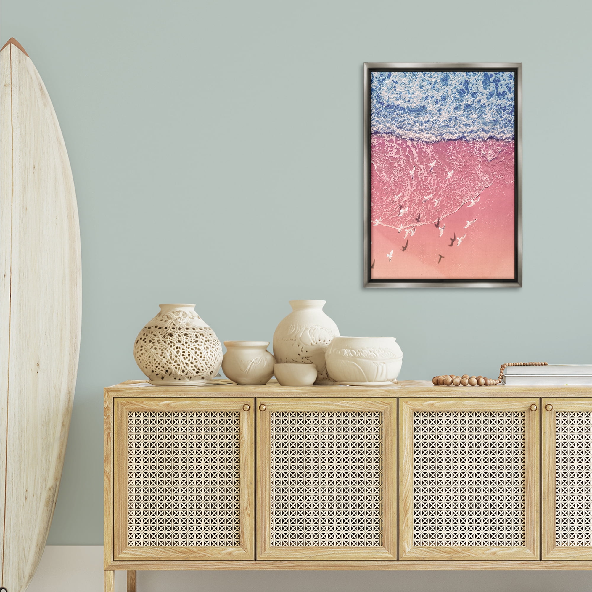 Stupell Industries Aerial Seagulls over Beach Landscape & Nature Photography Gray Floater Framed Canvas Art Print Wall Art, 21 x 31