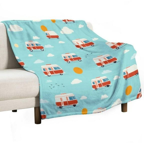 Cute Camper Van Pattern Blanket Soft Throw Warm Lightweight Plush Blanket for Couch Bed Sofa
