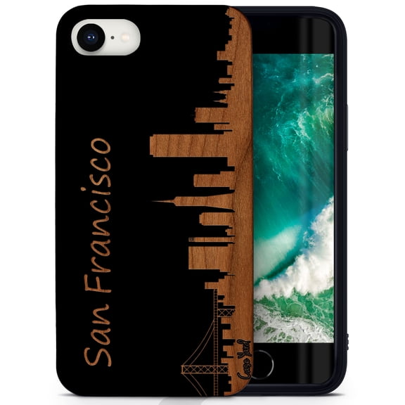 Case Yard Wooden Case for iPhone-SE Soft TPU Silicone cover Slim Fit Shockproof Wood Protective Phone Cover for Girls Boys Men and Women Supports Wireless Charging Skyline SF Design