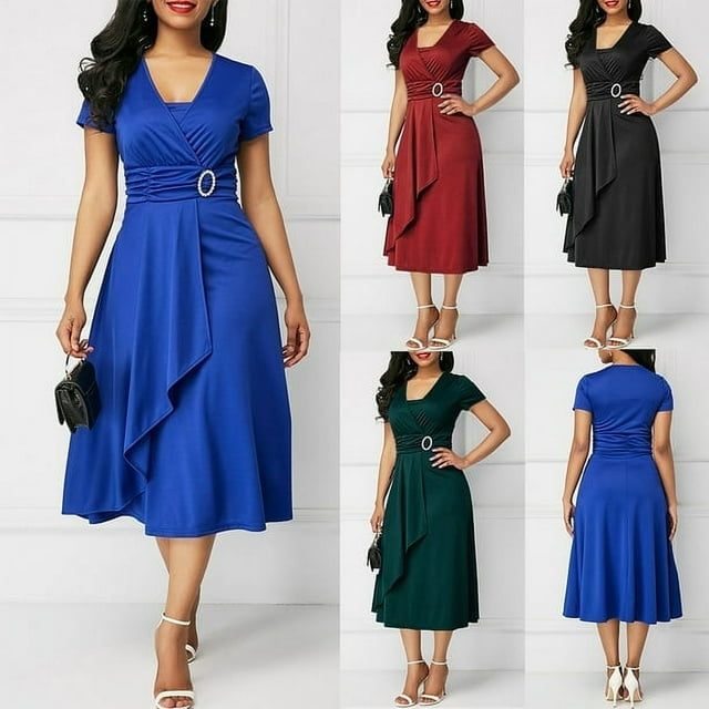 Dnzceghtig HEVIRGO Vestido de Fiesta A Media Pierna Ajustado con Cuello en V y Manga Corta para Mujer, Talla Grande, Negro XXL