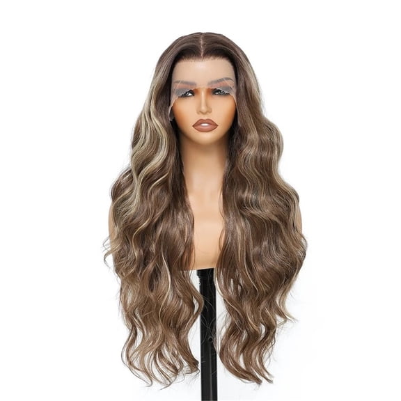 13x4 Highlight Body Wave Transparent Lace Front Wigs 30 Inch Ombre Brown Synthetic Hair Daily Life Wig