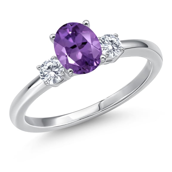 Gem Stone King 14K White Gold Purple Amethyst and Moissanite Engagement Ring for Women | 0.95 Cttw | Oval 7X5MM | Gemstone February Birthstone | Size 5