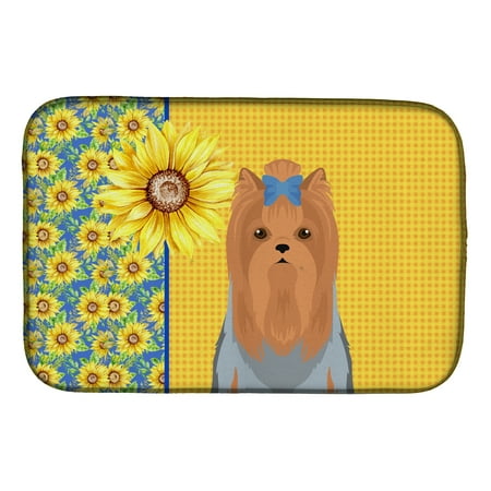 

Summer Sunflowers Blue and Tan Full Coat Yorkshire Terrier Dish Drying Mat 14 in x 21 in