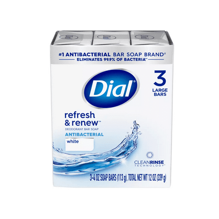Dial Antibacterial Bar Soap, Refresh & Renew, White, 3 - 4 OZ Soap Bars - 4 Pack