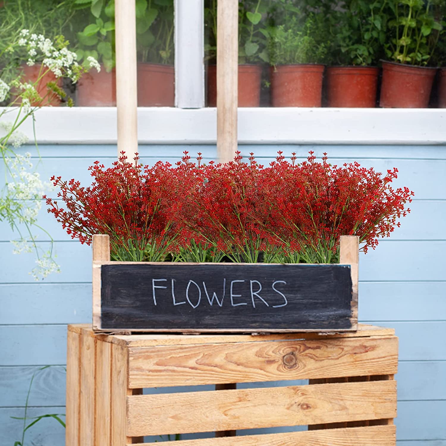 MAMOWEAR Artificial Baby breath Flowers for Outdoor Spring Fall Fake Flowers Bulk Faux Flower Bouquets for Harvest Festival Home Window Box Décor(6pcs, Red)