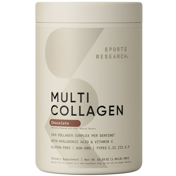 Sports Research® Multi Collagen Protein Powder + Hyaluronic Acid + Vit. C -  Chocolate (30 Servings)
