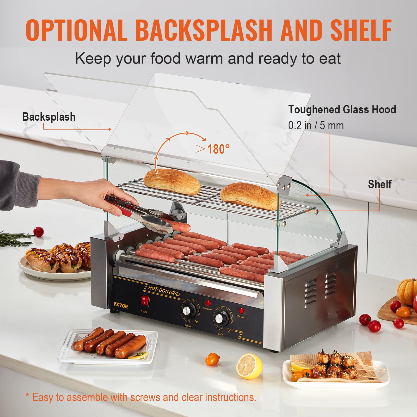 VEVOR Electric 18 Hot Dog 7 Roller Grill Cooker Machine Backsplash & Shelf 1050W
