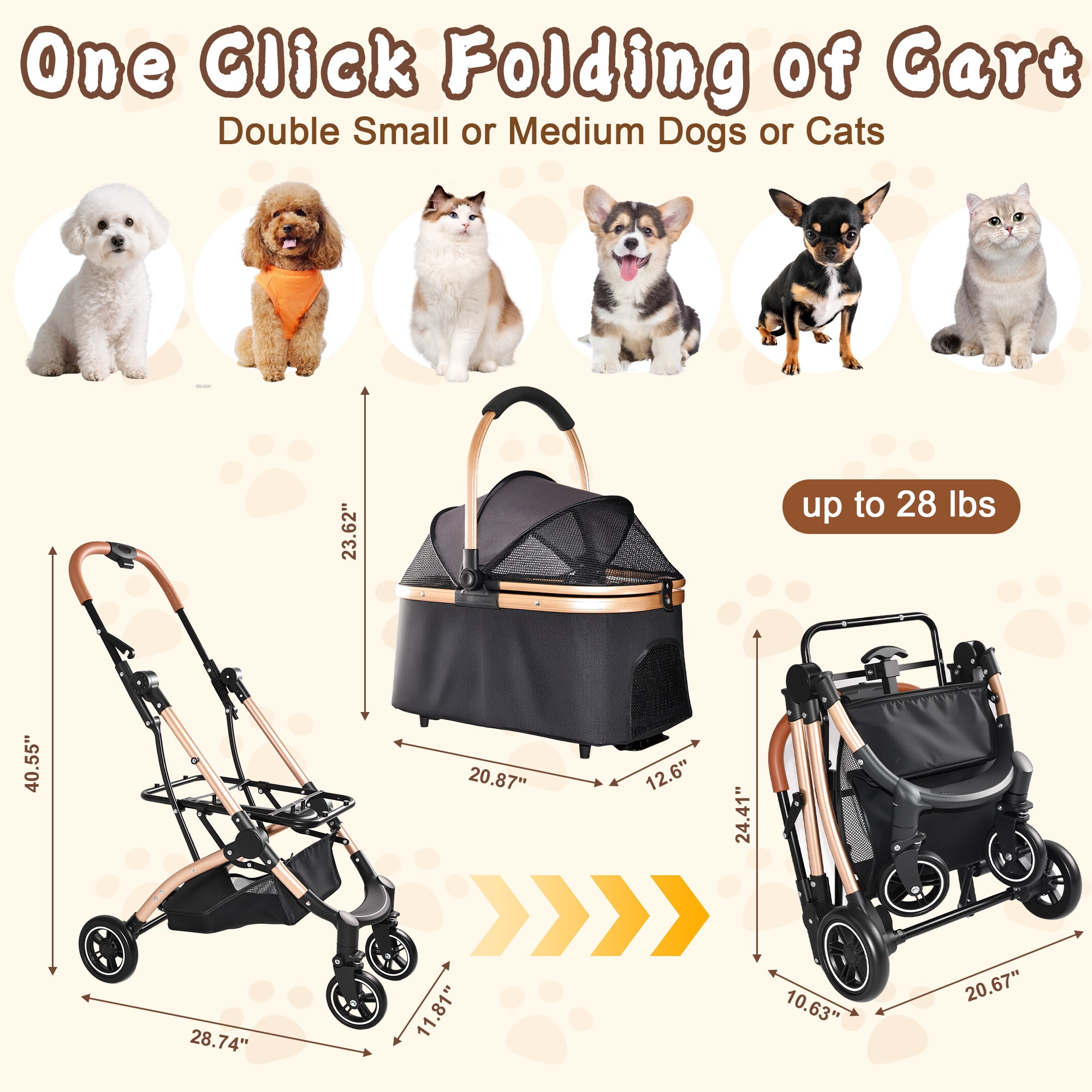 2-in-1 Detachable Foldable Pet Stroller Holds 28 LBS, Breathable Carrier with Adjustable Sunshade, Shockproof 360° Swivel Lockable Wheels, Telescopic Handle & Large Storage for Dogs Cats