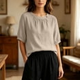 thumbnail image 5 of Womens Cotton Linen T Shirts Elbow Length Sleeve Crew Neck Tops for Women Summer Lightweight Tshirts, 5 of 6