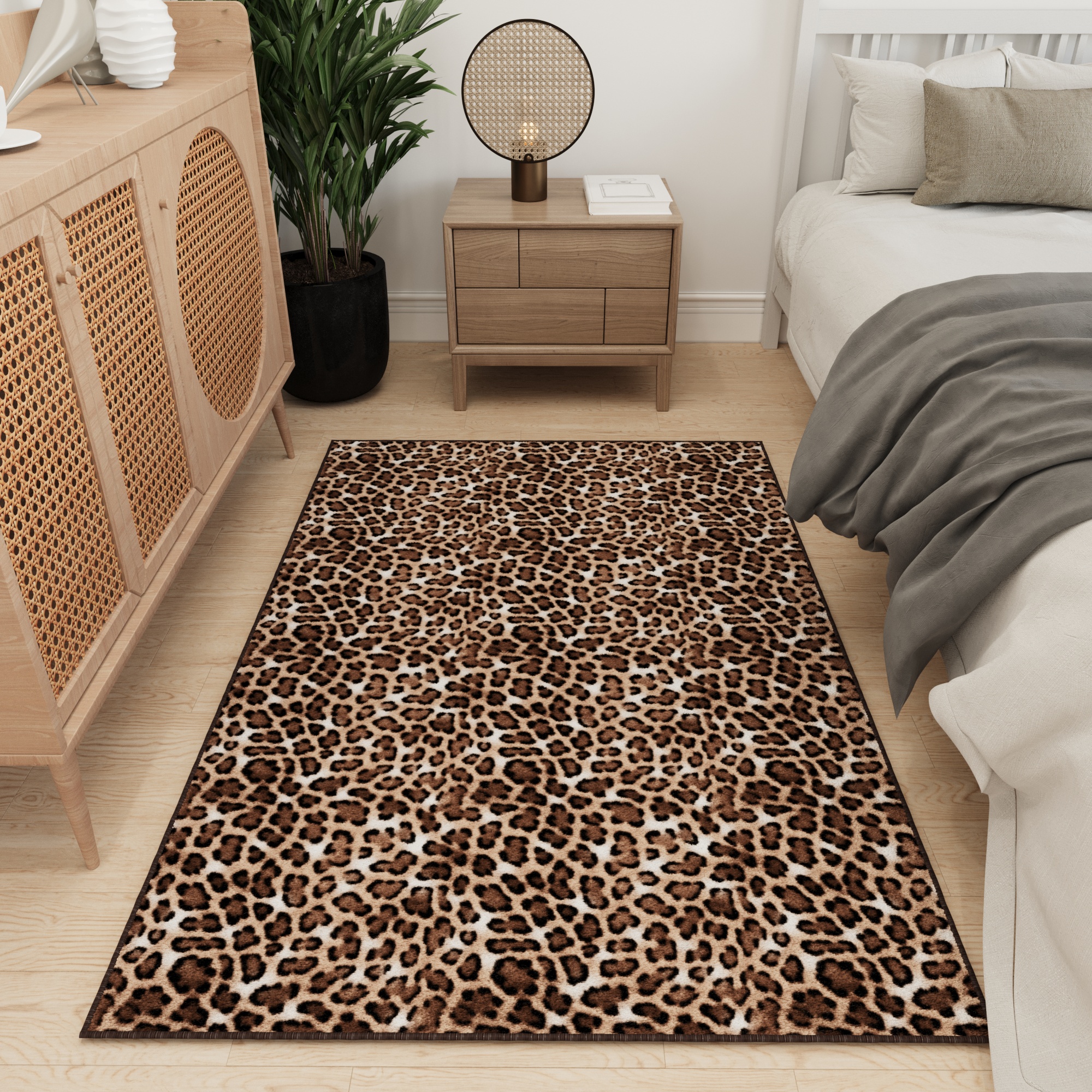 Ottomanson Non-Slip Washable Area Rug for Living Room Durable Low Profile Bedroom Carpet 3'3" x 4'6" Leopard Print Brown