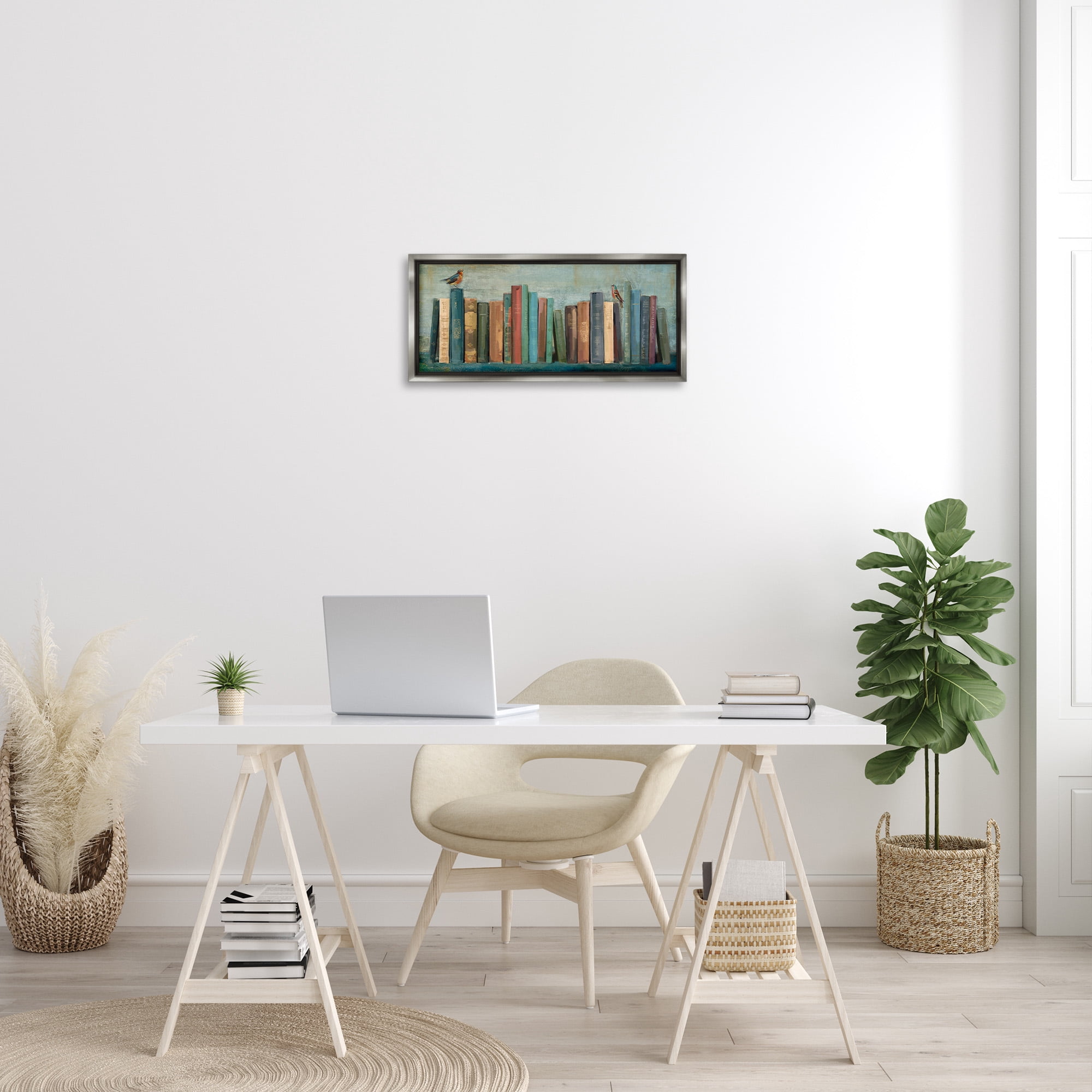 Stupell Industries Books And Birds Bookshelf Painting Animals & Insects Painting Gray Floater Framed Canvas Art Print Wall Art, 25 x 11