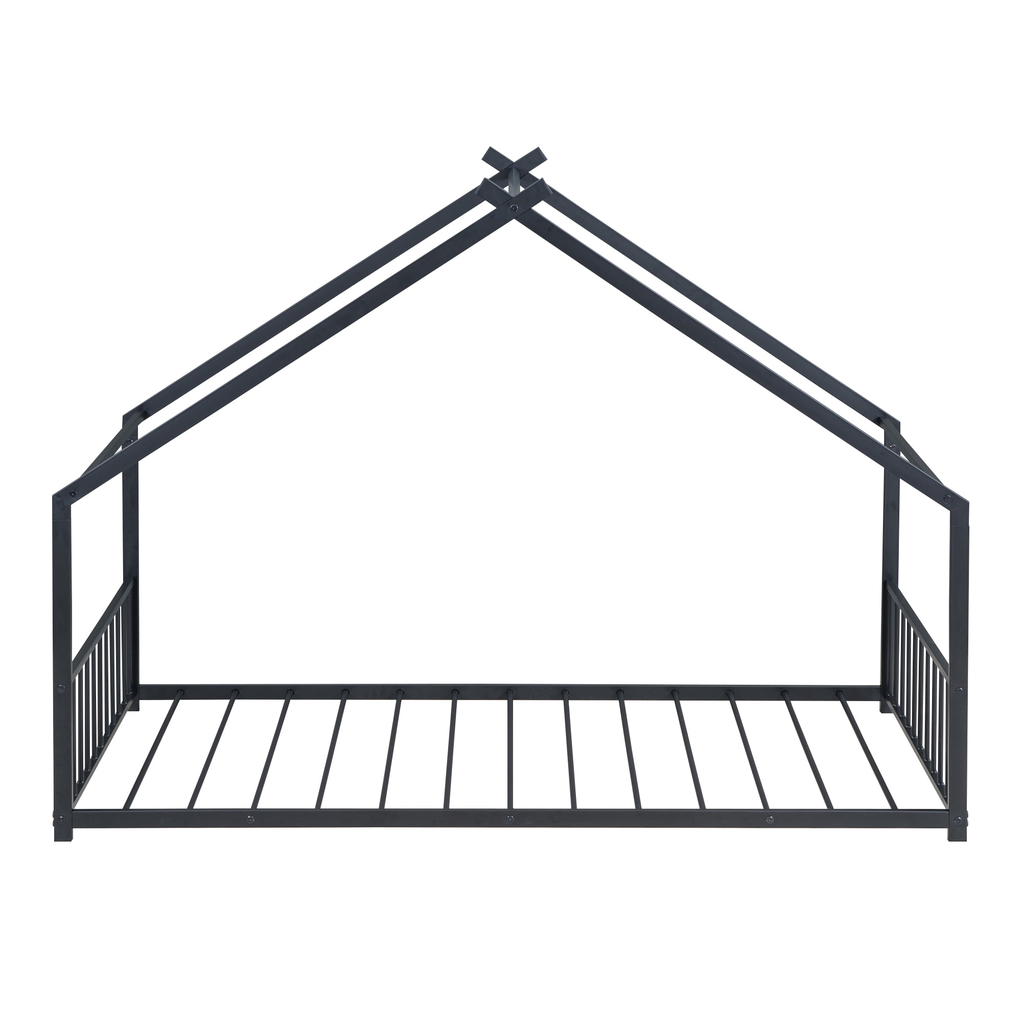 Bellemave Twin Metal House Bed with Headboard and Footboard Montessori House Bed, Metal Floor Bed Frame with Roof, No Box Spring Needed, Black