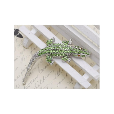Rose Silver Tone Brooch - Feinuhan Silvery Tone Light Green Rhinestones Long Tail Alligator Crocodile Brooch