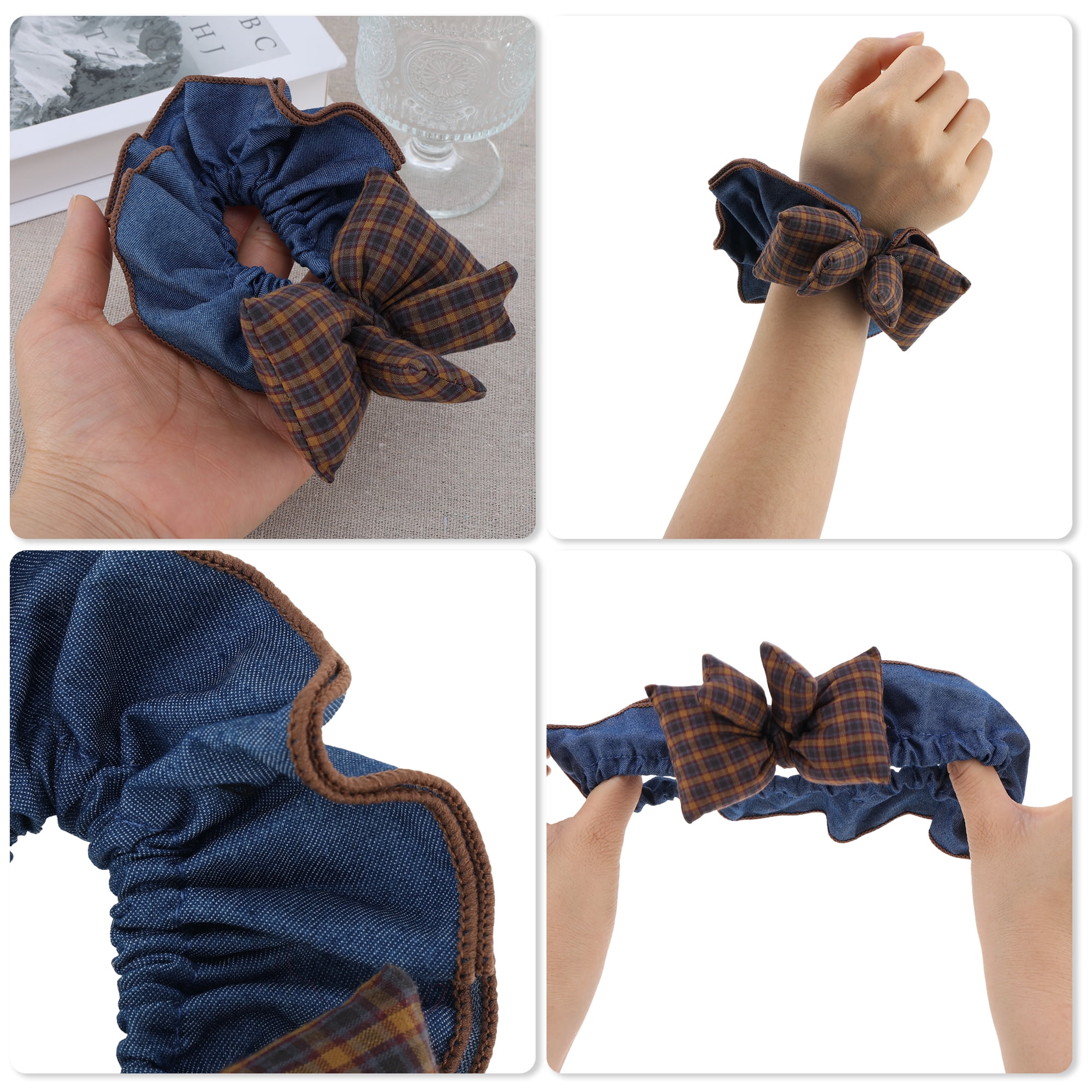 Unique Bargains Fashionable Denim Hair Ties All Occasions 1 Pc Blue, Brown Plaid Bow