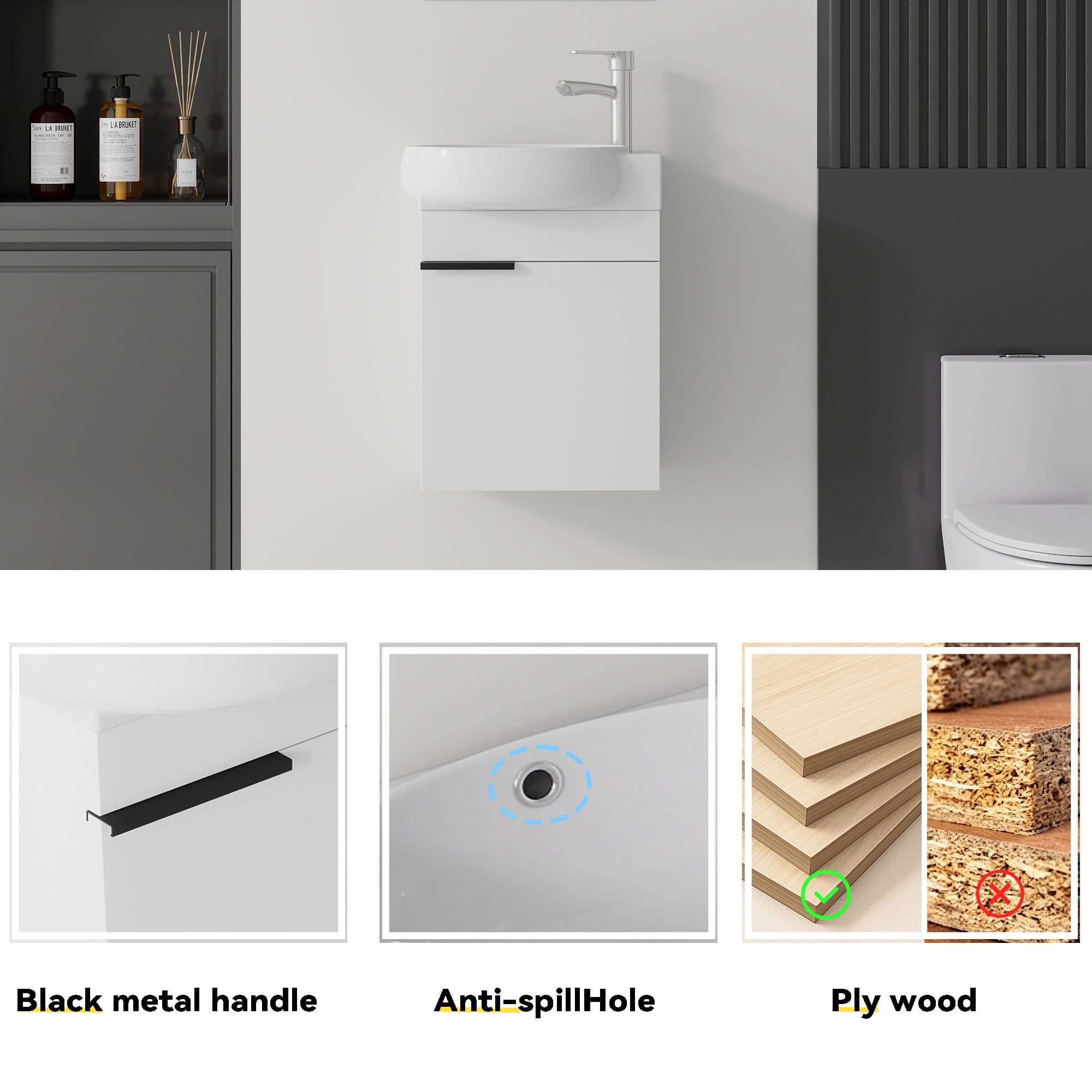 Leumius 16" Wall-Mount Bathroom Vanity Cabinet with with Ceramic Sink & Soft‑Close Doors for Small Space,Bathrooms,White