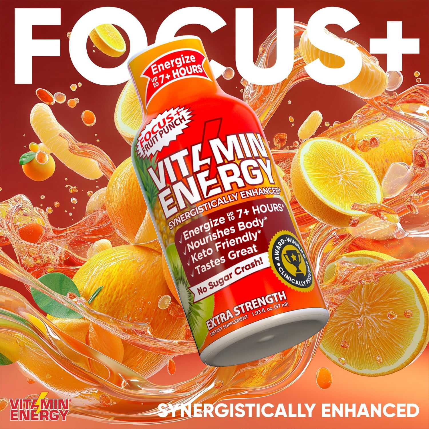 Vitamin Energy Focus+ Extra Strength Shot, Fruit Punch, 24 Pack – 260mg Natural Caffeine, CoQ10 & B-Vitamins, Zero Sugar, 1.93 fl oz