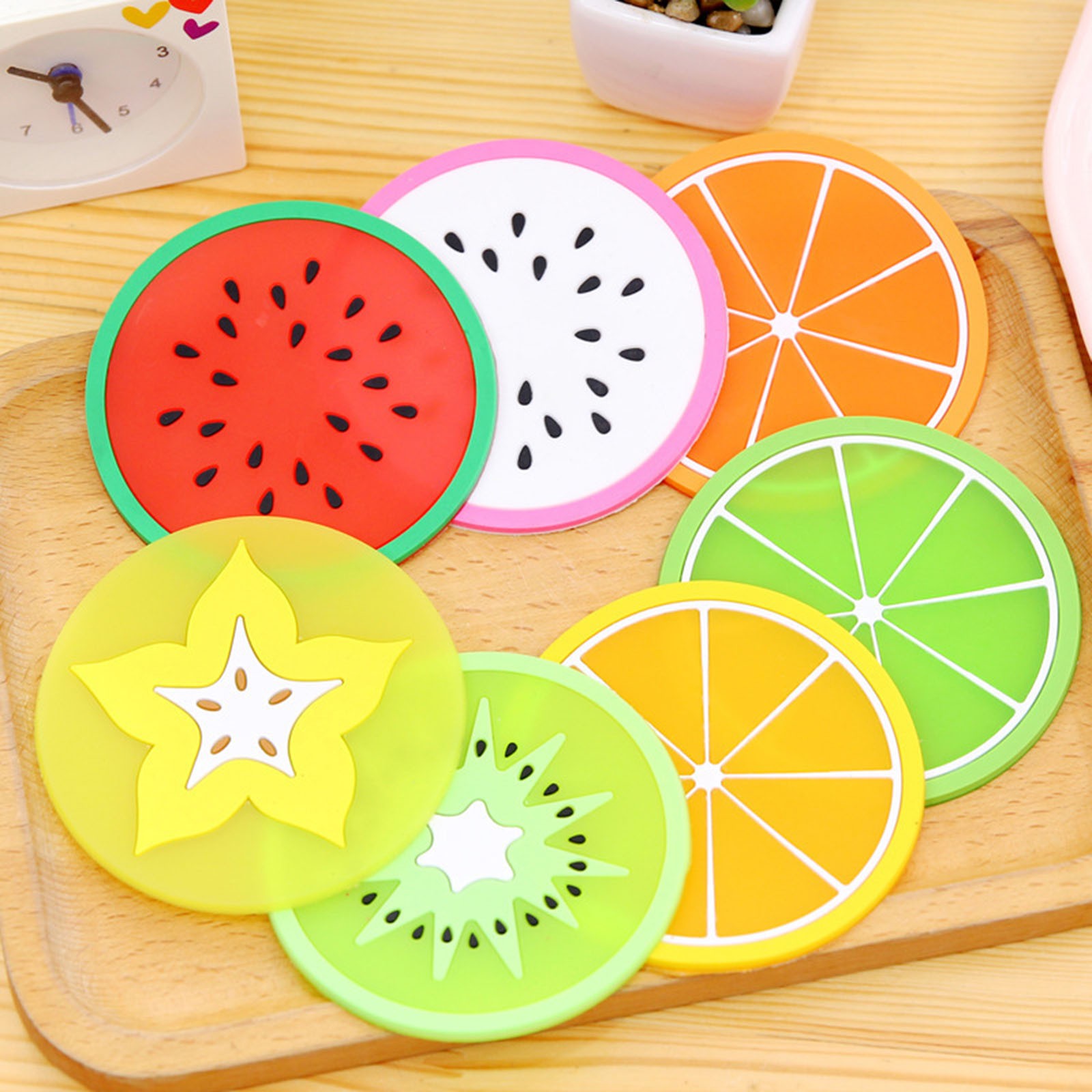 Lumous Rola 6pc Silicone Fruit Coaster Set – Colorful Cup Drinks Mat, Washable