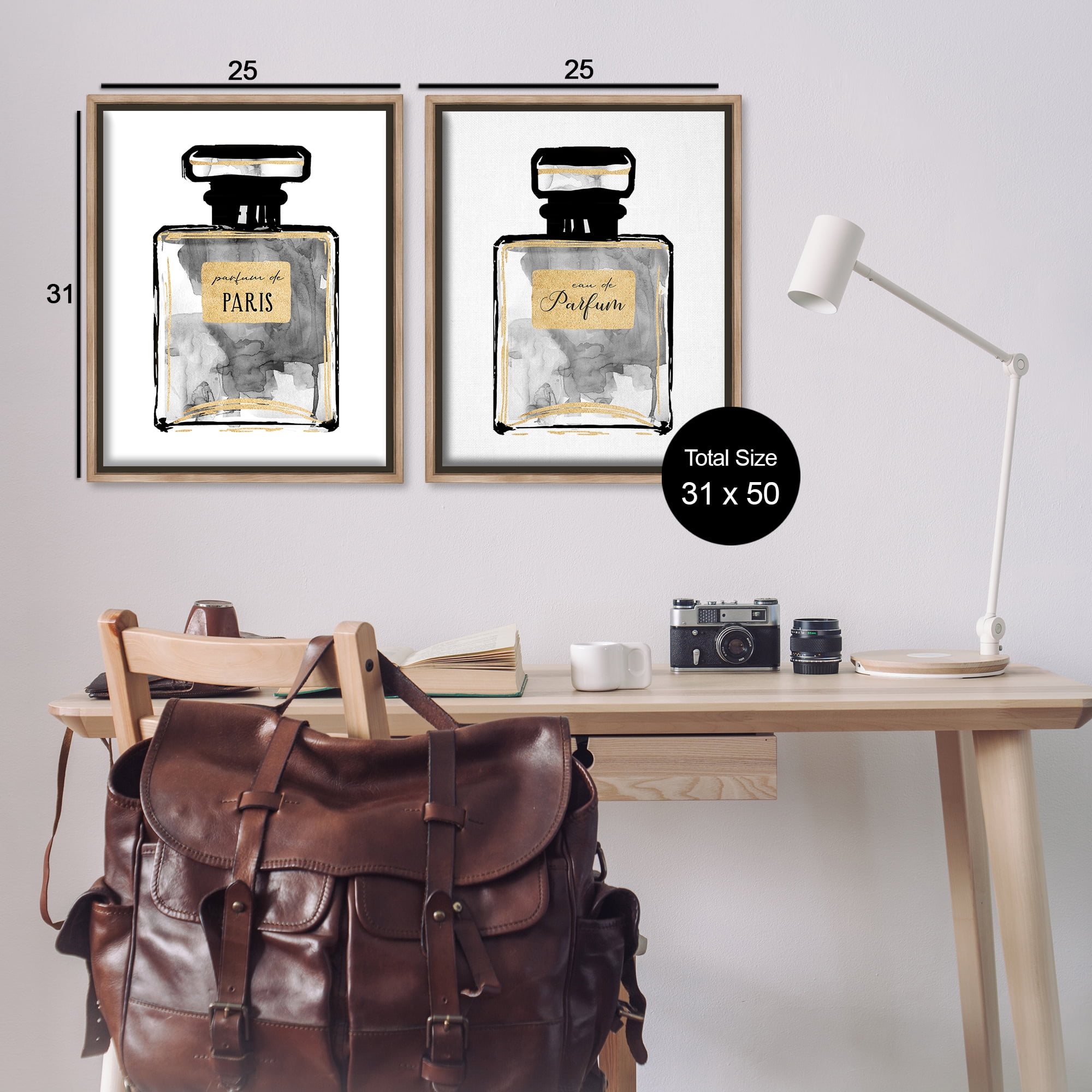Stupell Industries Gray Gold Parfum Bottle Fashion Painting Brown Floater Framed Canvas Art Print Wall Art, 31 x 25, Set of 2