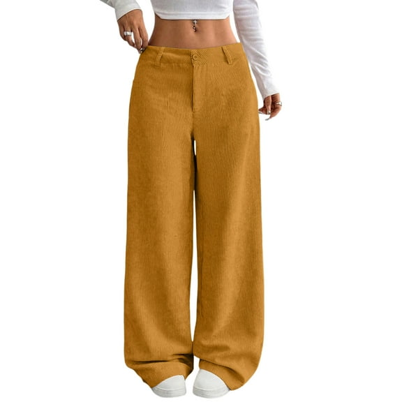 Mohiass Womens Corduroy Pants Baggy Elastic High Waisted Wide Leg Trousers Casual Comfy Lounge Palazzo Pants with Pockets Earthy Yellow L