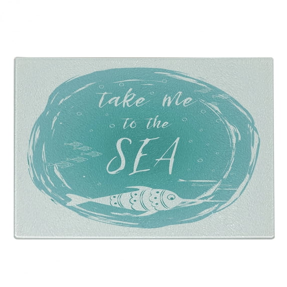 Saying Cutting Board, Take Me to the Sea Lettering in Grunge Round Frame with Abstract Fish, Decorative Tempered Glass Cutting and Serving Board, in 3 Sizes, by Ambesonne