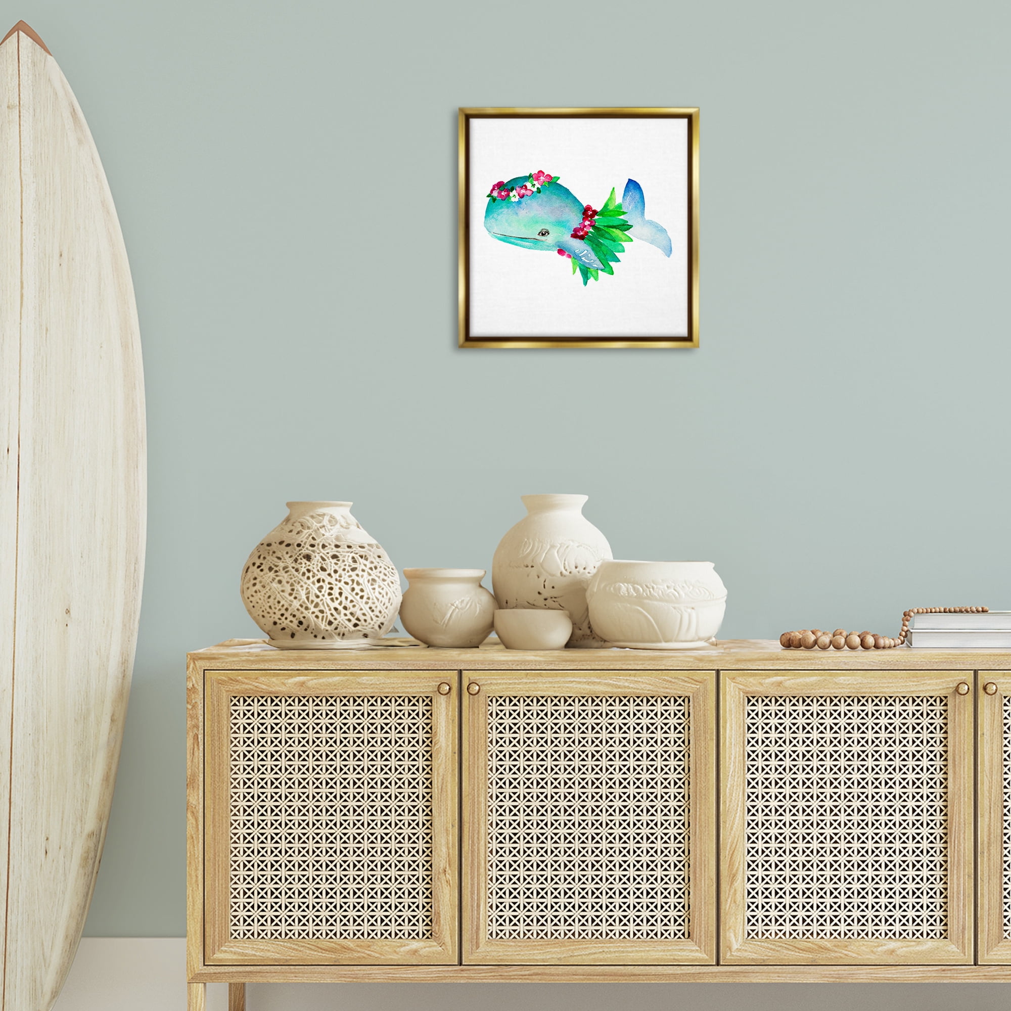 Stupell Industries Hula Skirt Whale Novelty Painting Gold Floater Framed Canvas Art Print Wall Art, 18 x 18
