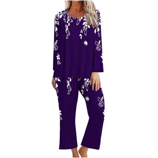 ameIAEA Ensemble de Pyjama pour Femmes Manches Longues Col Rond Pantalon Grand Ensemble de Détente 2 Pcs