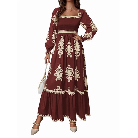 Women Fall Wedding Guest Dresses Boho Floral Long Sleeve V Neck Flowy Elegant Maxi Dress Beach Clothes Wine Red L