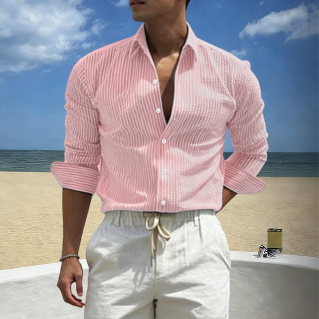 Ceisia Men's Slim Fit Long Sleeve Striped Button-Down Shirt Casual Summer Beach Top Orange S Gifts