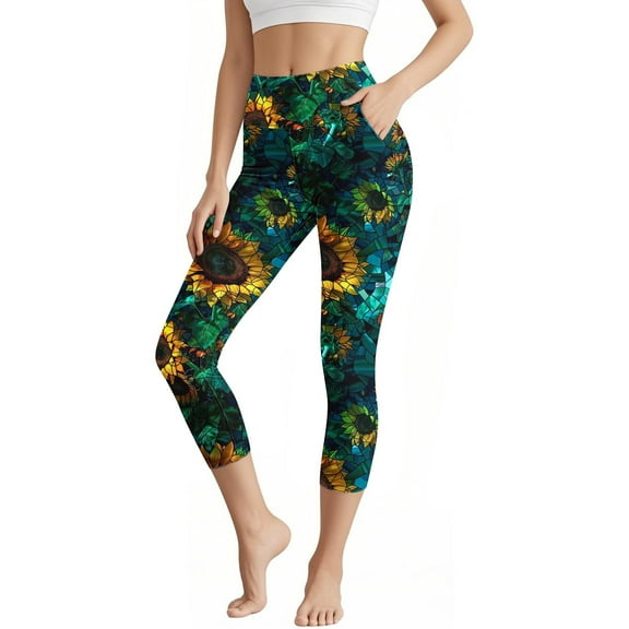 Sakmal Buttery Soft Womens Leggings Tummy Control High Waisted Butt Lifting Yoga Pants Running Sunfloral 7/8th Leggings