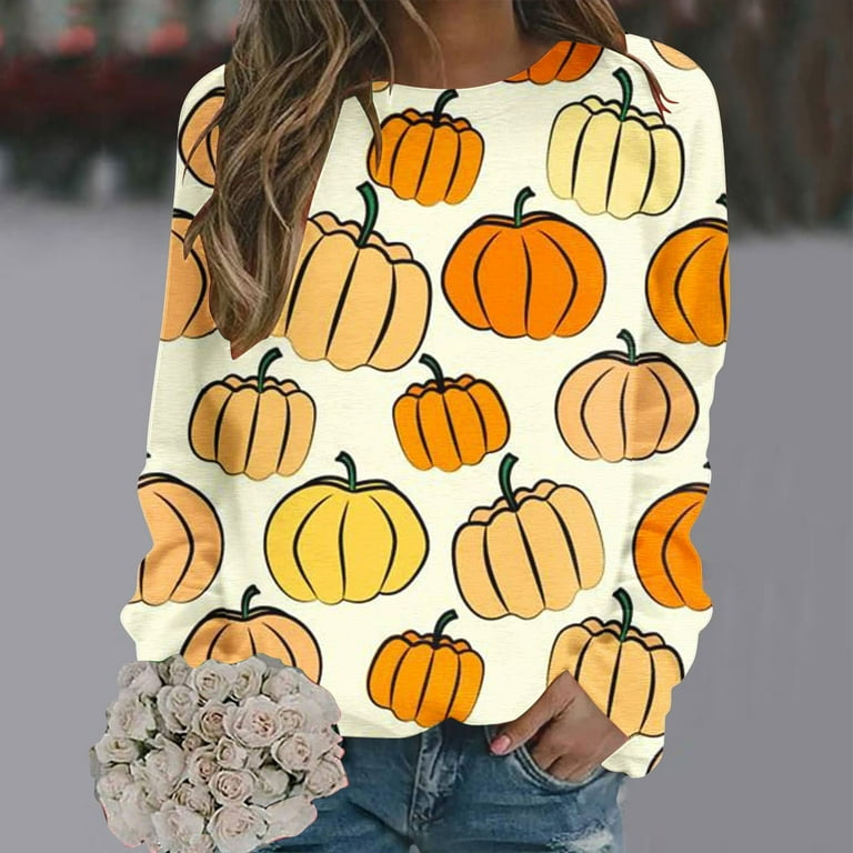 SOOMLON Women Halloween Costumes Halloween Women Long Sleeve Pumpkin Skeleton Sweatshirt Round Neck Pumpkin Top Halloween Print Pullover Witch Costume Gnomes T Shirt Yellow XL Walmart